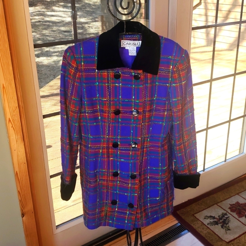Carlisle Multicolor Plaid Wool Lined Sz. 6 Blazer/Jacket with Black Accents